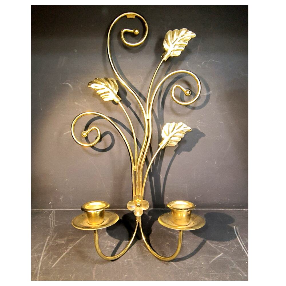 1594.  Vintage HomCo Metal Candle Sconce Leaves and Scroll Work